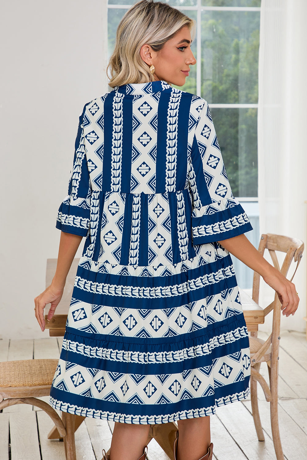 Black Abstract Print Bell Sleeve V Neck Boho Dress