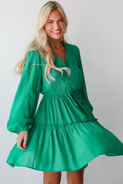 Sea Green Frill V Neck Puff Sleeve Drawstring Mini Dress