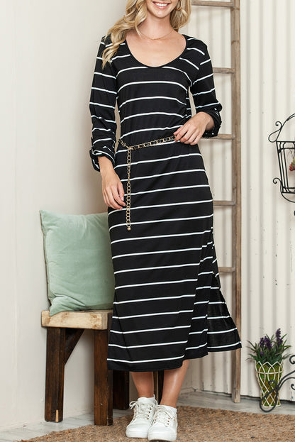 Black Striped Casual Slit High Waist Midi Dress