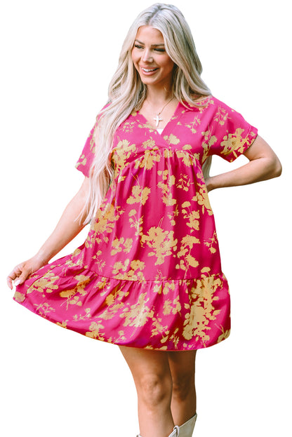 Rose Floral Short Sleeve Surplice Neck Ruffled Mini Dress