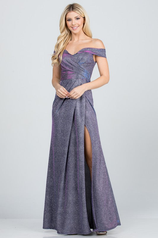 Off the shoulder glittery jacquard gathered gown