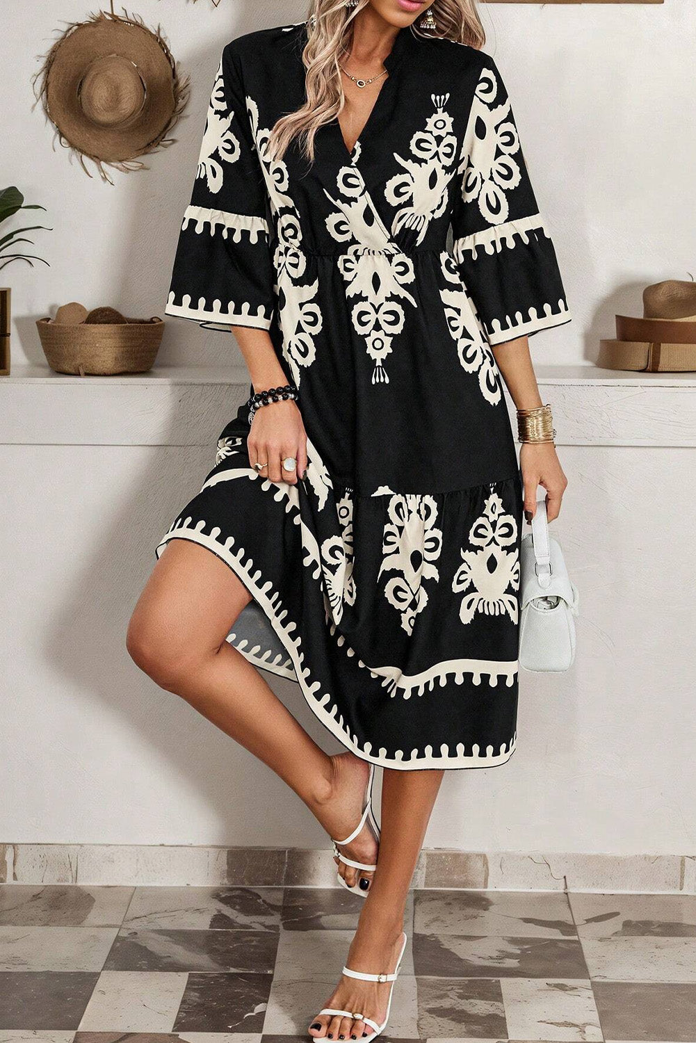 Beige Ethnic Geometric Print 3/4 Sleeve Loose Midi Dress