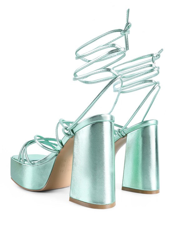 ANVIL METALLIC BLOCK HEELED LACE UP SANDAL