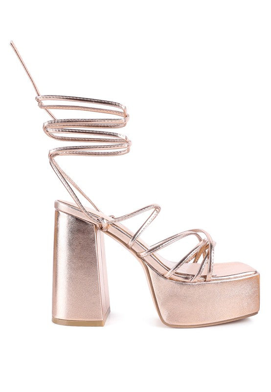 ANVIL METALLIC BLOCK HEELED LACE UP SANDAL