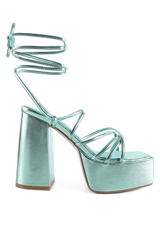 ANVIL METALLIC BLOCK HEELED LACE UP SANDAL