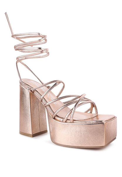 ANVIL METALLIC BLOCK HEELED LACE UP SANDAL