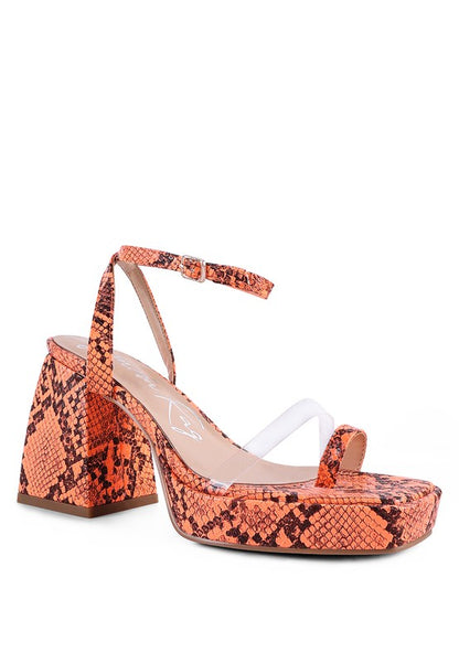 SUCH FLIRT SNAKE PATTERN BLOCK HEELED SANDALS