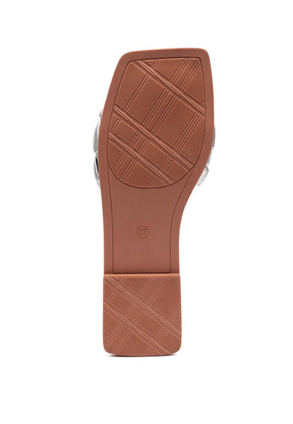 MARCUE PATENT PU QUILTED SLIDES IN WOVEN STRAPS