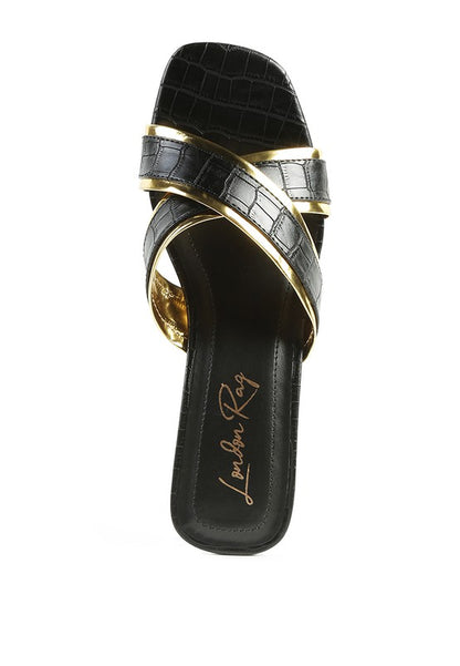 STELLAR GOLD LINE CROC TEXTURED LOW HEEL SANDALS