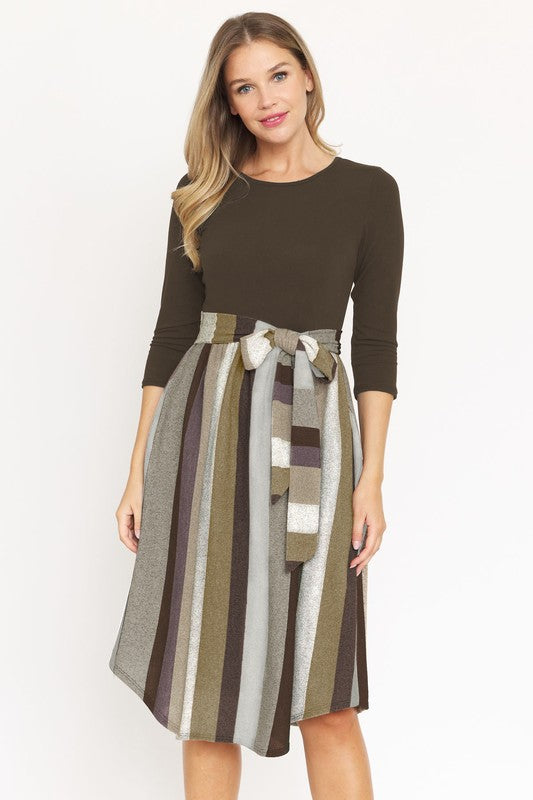 Quarter Sleeve Stripe Sash Midi Dress