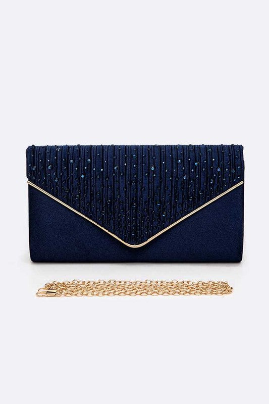 Crystal Pave Pleated Satin Clutch Bag