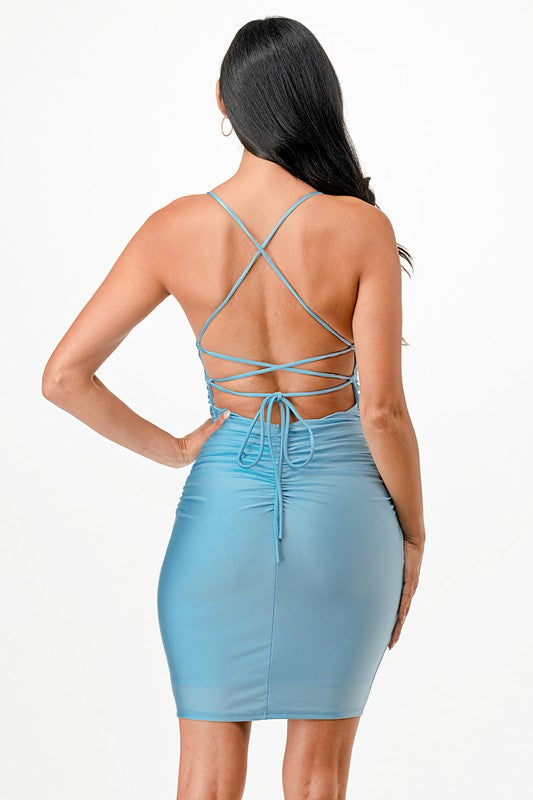 Back lace up short dress with waist shirring