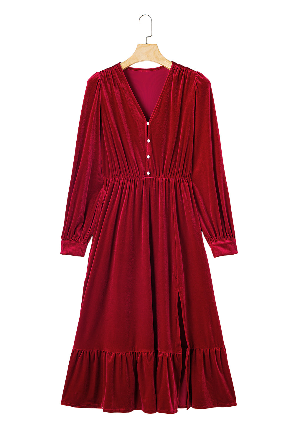 Racing Red Velvet Buttoned Puff Sleeve V Neck Split Midi Dress