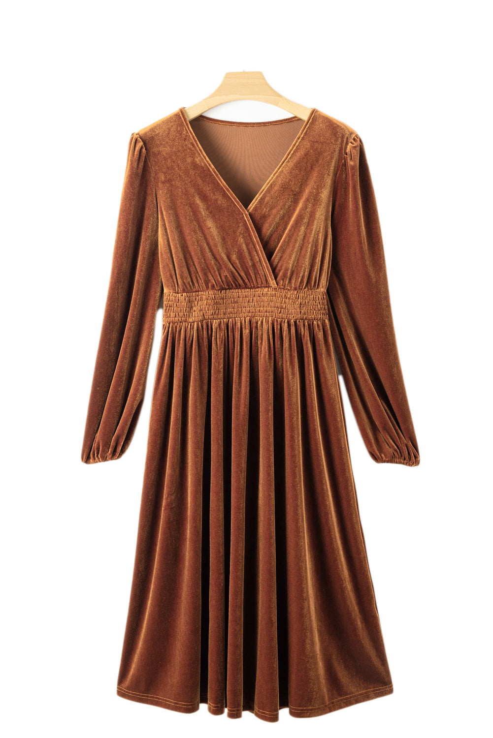 Camel Wrap V Neck Smocked High Waist Velvet Midi Dress