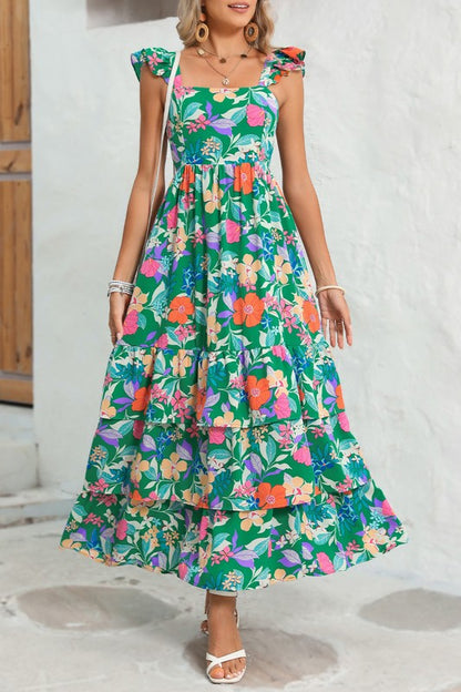 Boho Floral Ruffle Sleeveless Tiered Maxi Dress