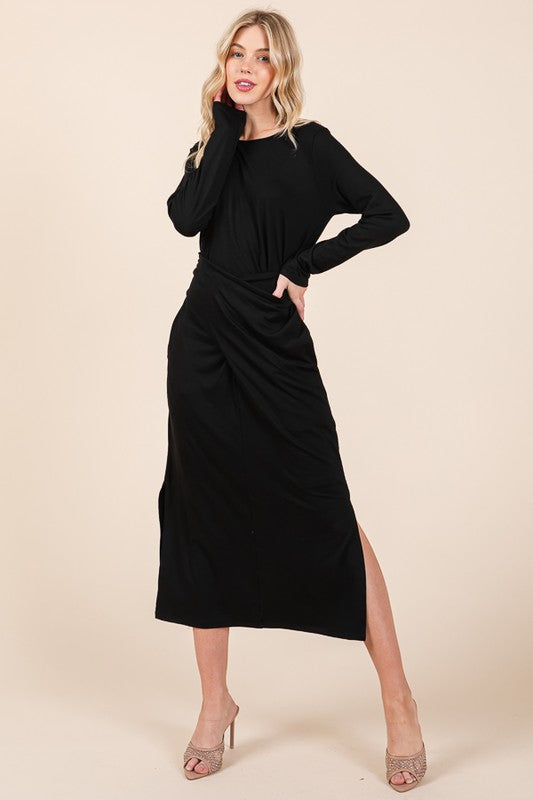 Waist Wrap Dress-with Pockets-SOLID