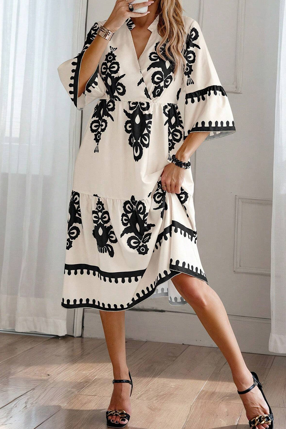 Beige Ethnic Geometric Print 3/4 Sleeve Loose Midi Dress