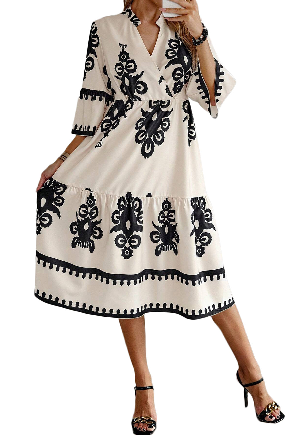 Beige Ethnic Geometric Print 3/4 Sleeve Loose Midi Dress