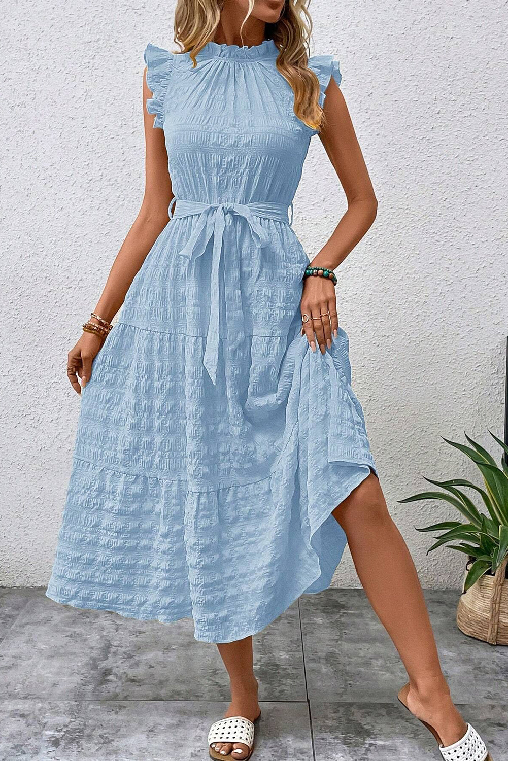 Beau Blue Textured Mock Neck Ruffled Sleeveless Midi Dress