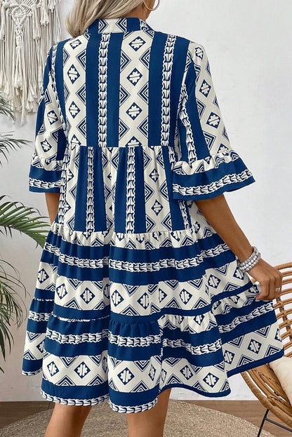 Black Abstract Print Bell Sleeve V Neck Boho Dress