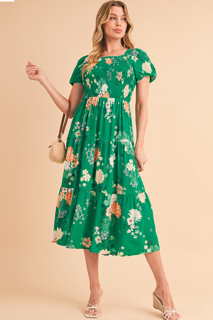 Green Floral Print Bubble Sleeve Smocked Tiered Midi Dress