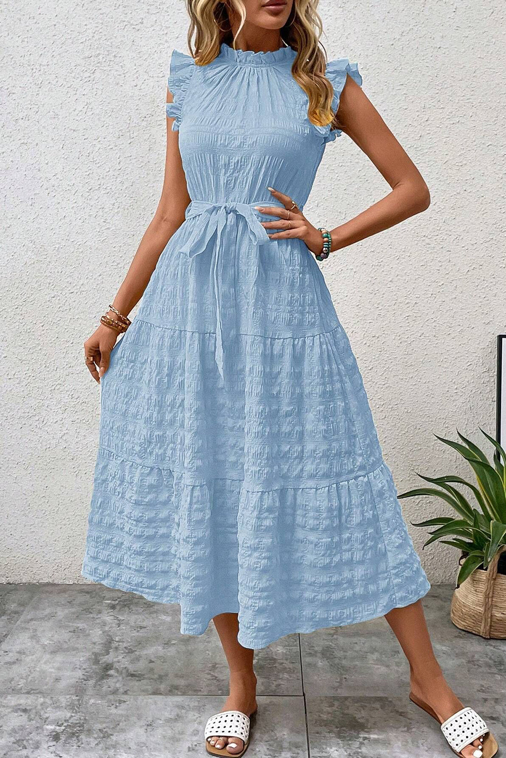 Beau Blue Textured Mock Neck Ruffled Sleeveless Midi Dress