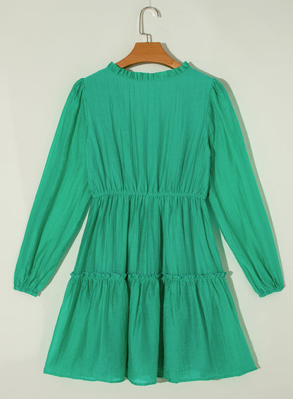 Sea Green Frill V Neck Puff Sleeve Drawstring Mini Dress