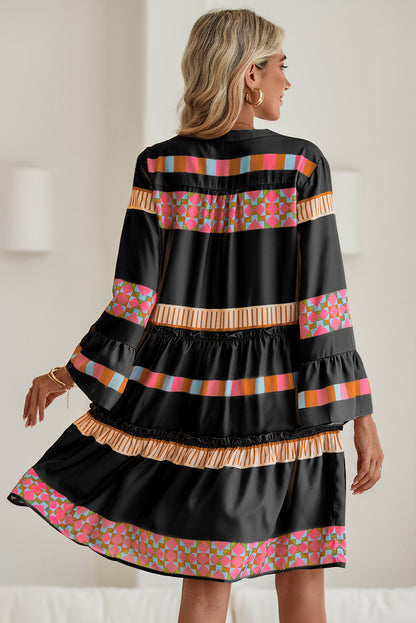 Black Ethnic Geometric Print Ruffle Mini Dress