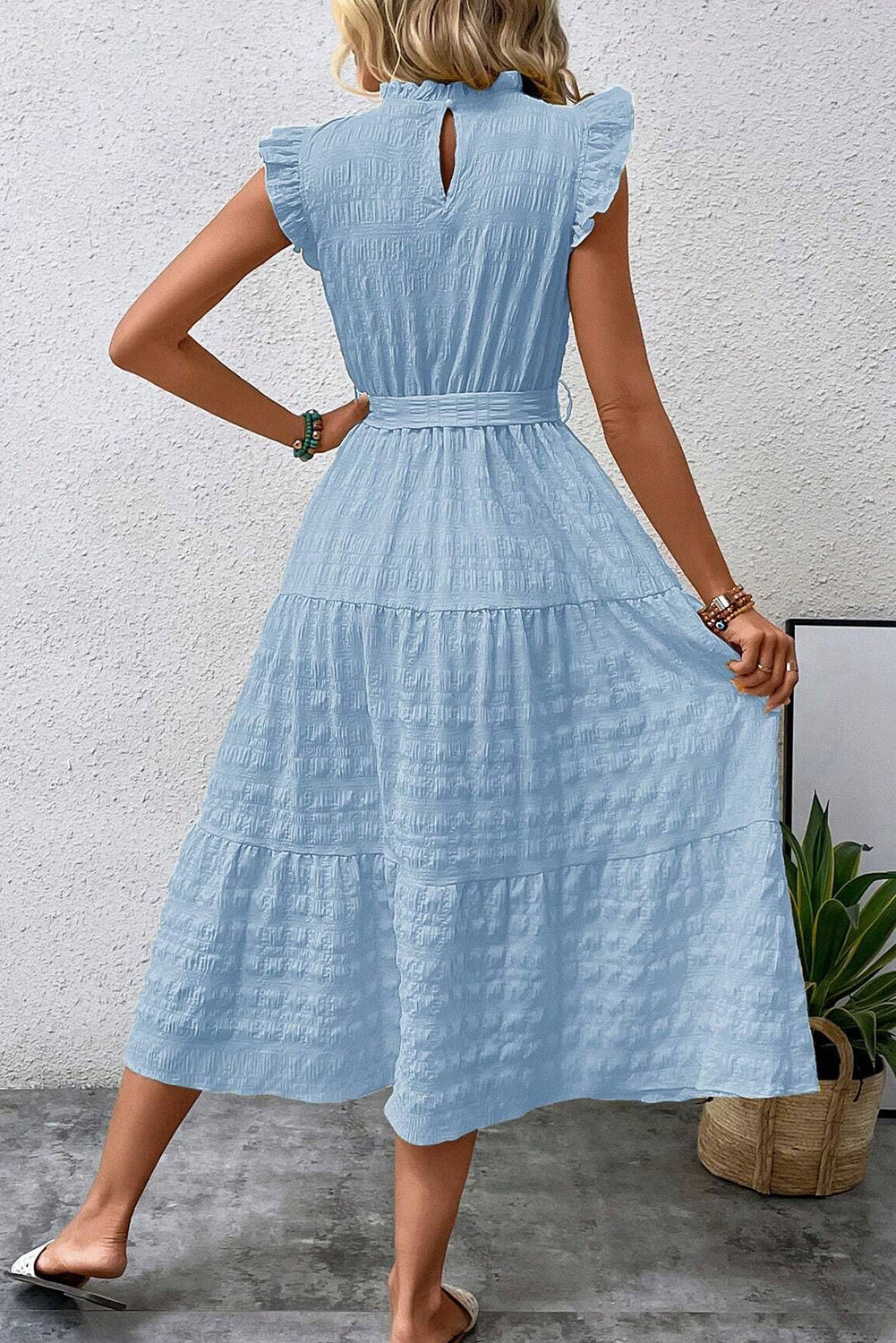 Beau Blue Textured Mock Neck Ruffled Sleeveless Midi Dress