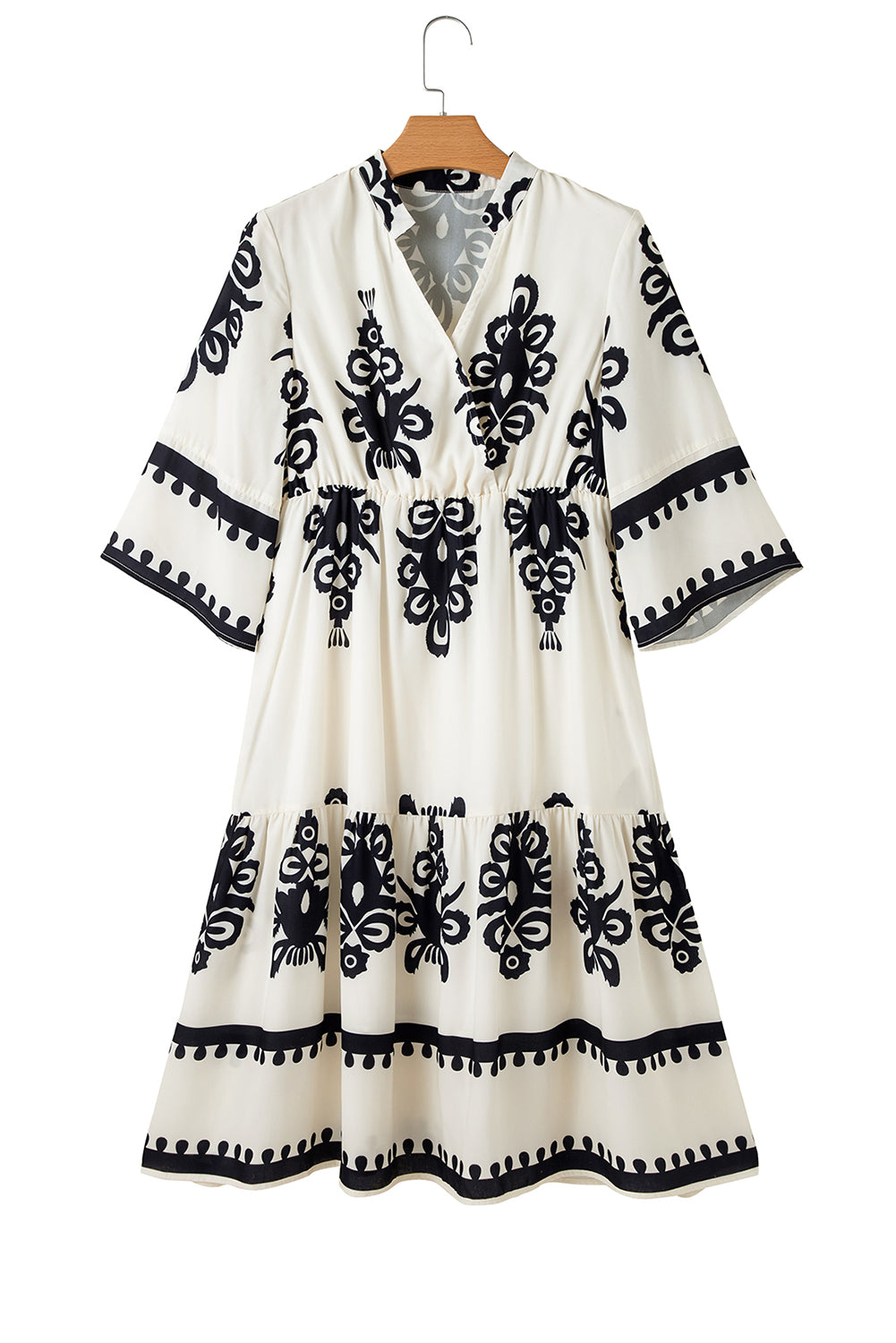 Beige Ethnic Geometric Print 3/4 Sleeve Loose Midi Dress