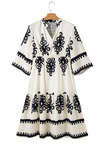 Beige Ethnic Geometric Print 3/4 Sleeve Loose Midi Dress