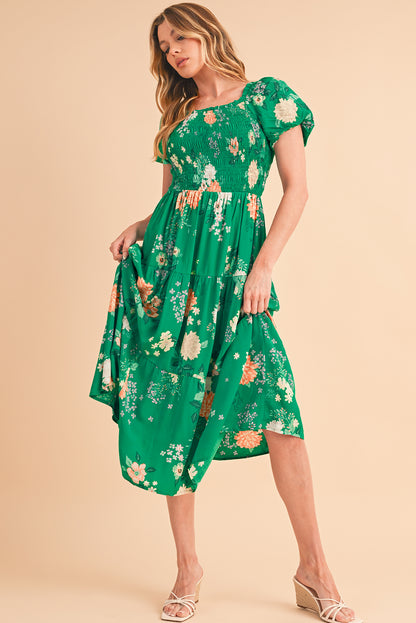 Green Floral Print Bubble Sleeve Smocked Tiered Midi Dress