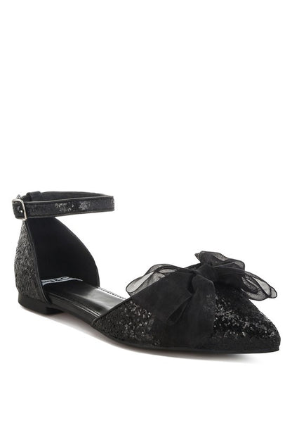 Clarice Sheer Bow Detail Glitter Flat Sandals