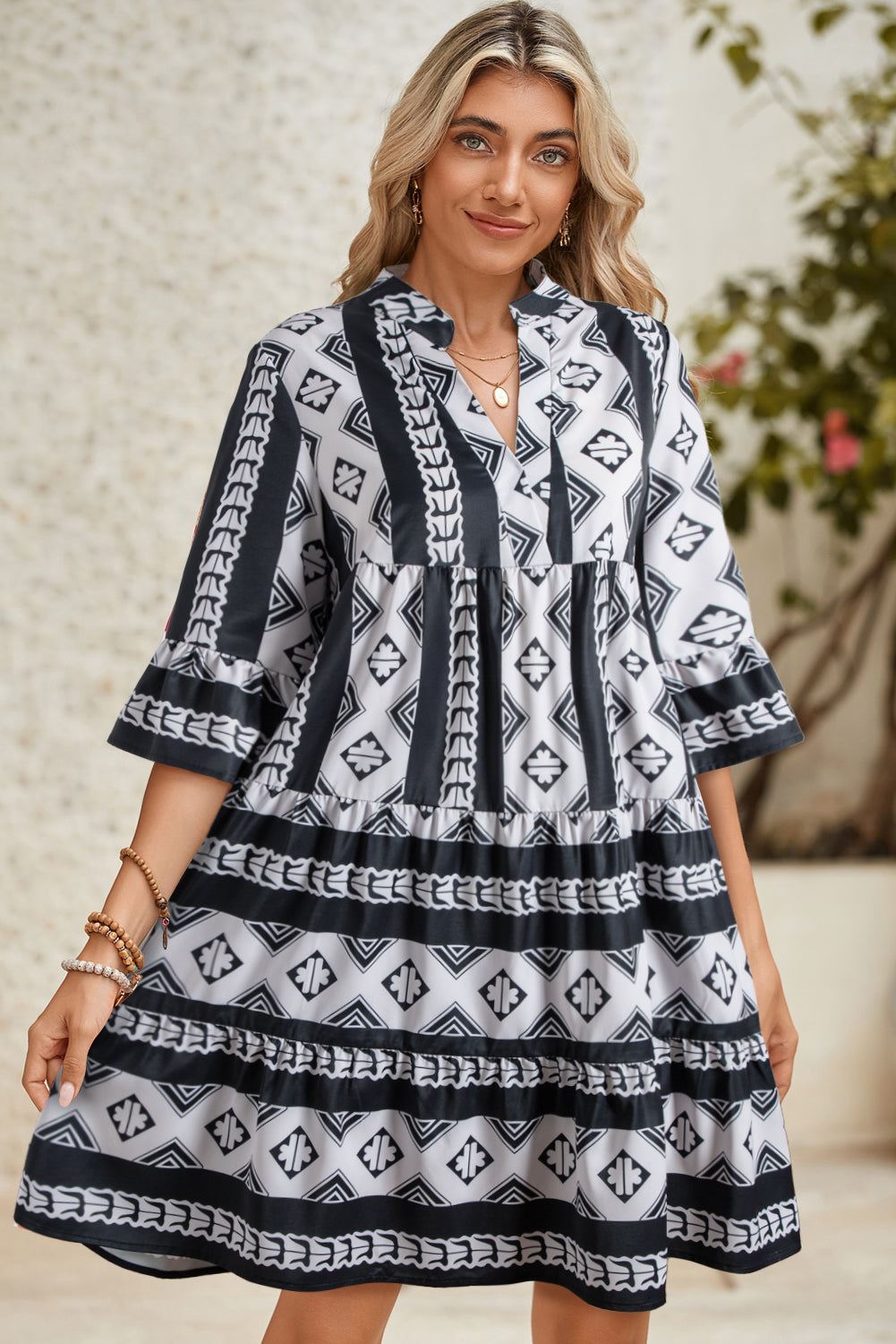 Black Abstract Print Bell Sleeve V Neck Boho Dress