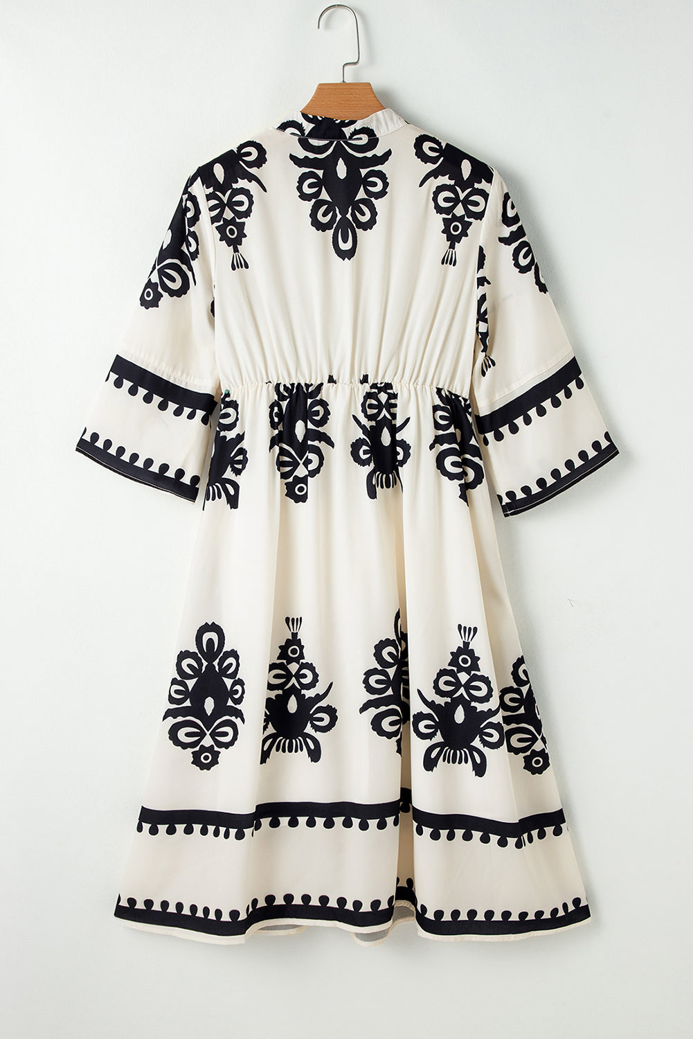 Beige Ethnic Geometric Print 3/4 Sleeve Loose Midi Dress