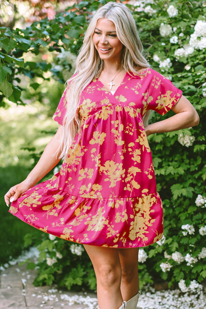 Rose Floral Short Sleeve Surplice Neck Ruffled Mini Dress