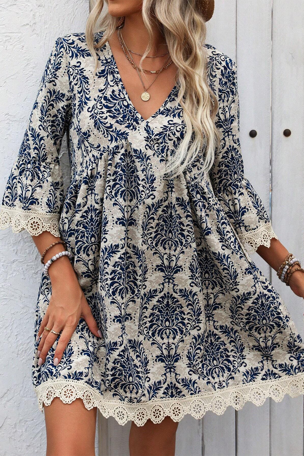 Sky Blue Ethnic Print Lace Trim V Neck 3/4 Sleeve Mini Dress