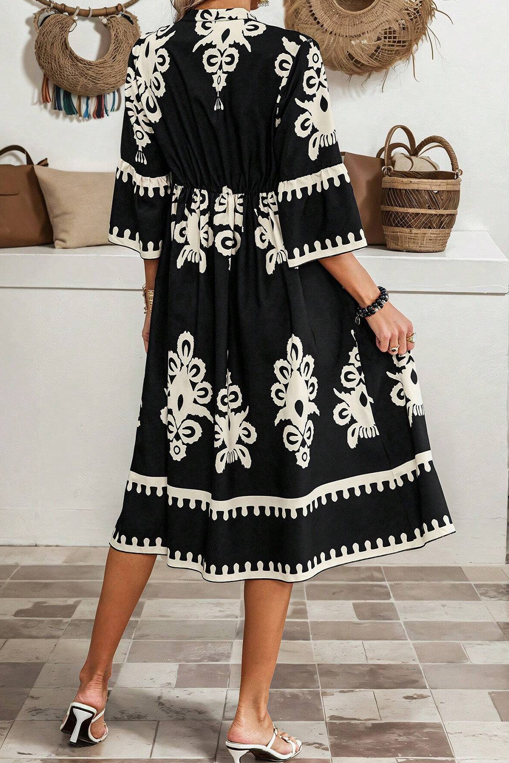 Beige Ethnic Geometric Print 3/4 Sleeve Loose Midi Dress