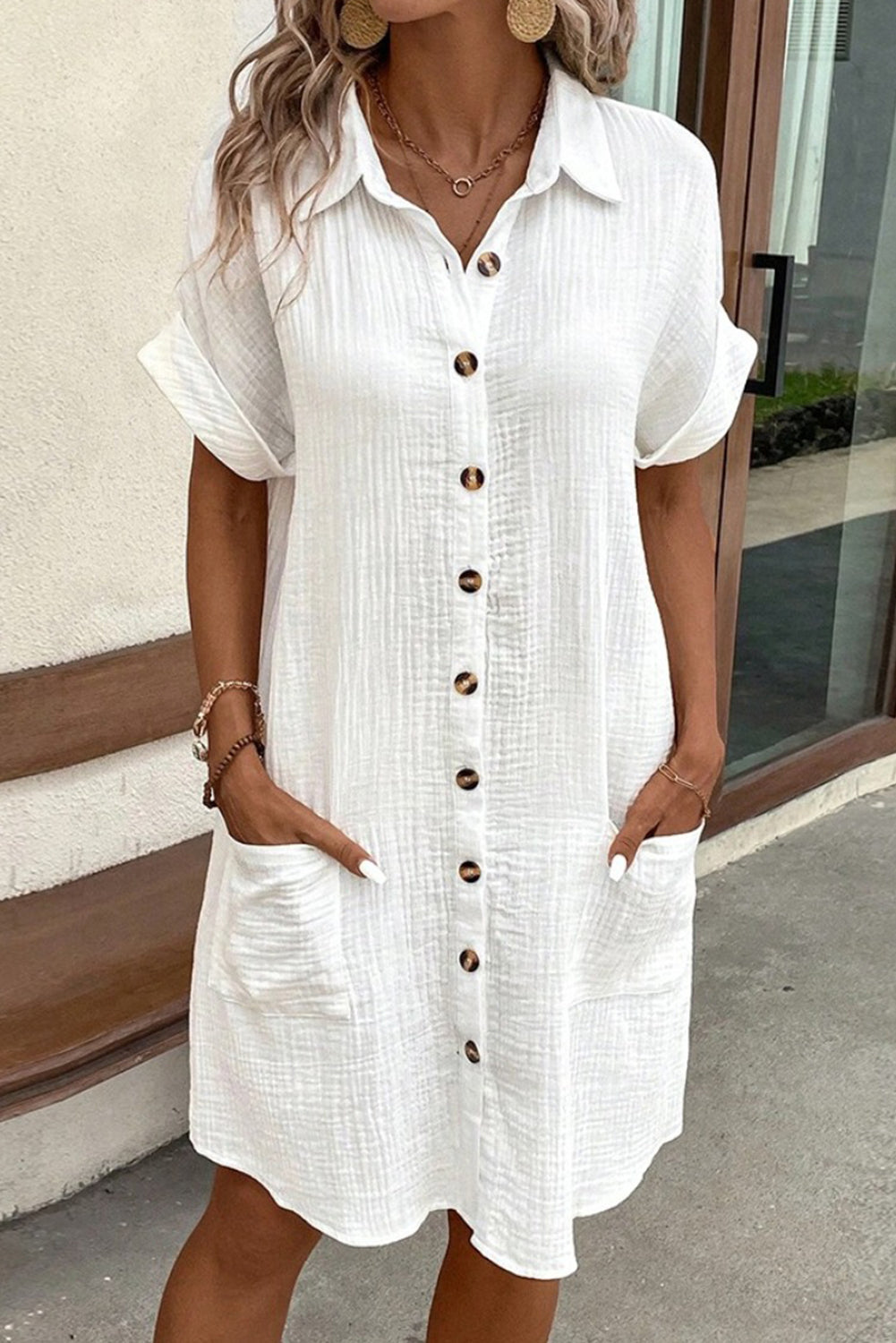 White Solid Color Button Front Roll Up Sleeve Shirt Midi Dress