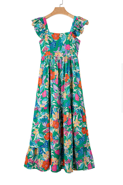 Green Boho Floral Print Ruffle Sleeveless Tiered Maxi Dress