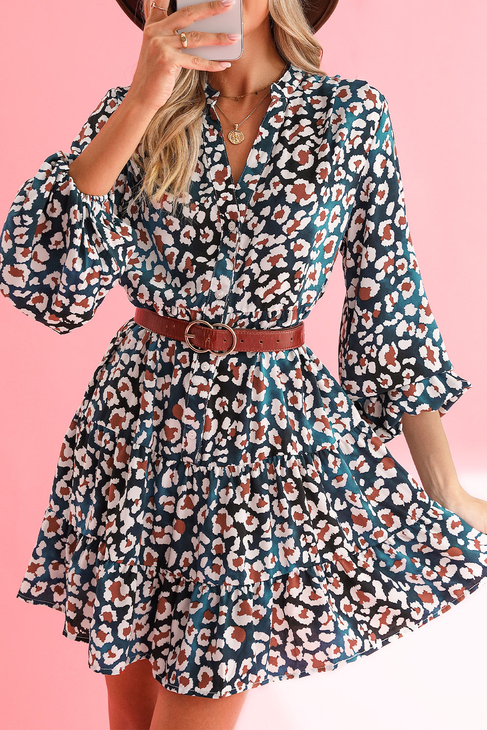 Blue Leopard Print Bubble Sleeve Ruffled Shirt Dress