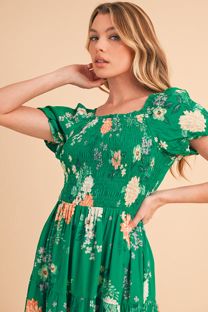 Green Floral Print Bubble Sleeve Smocked Tiered Midi Dress