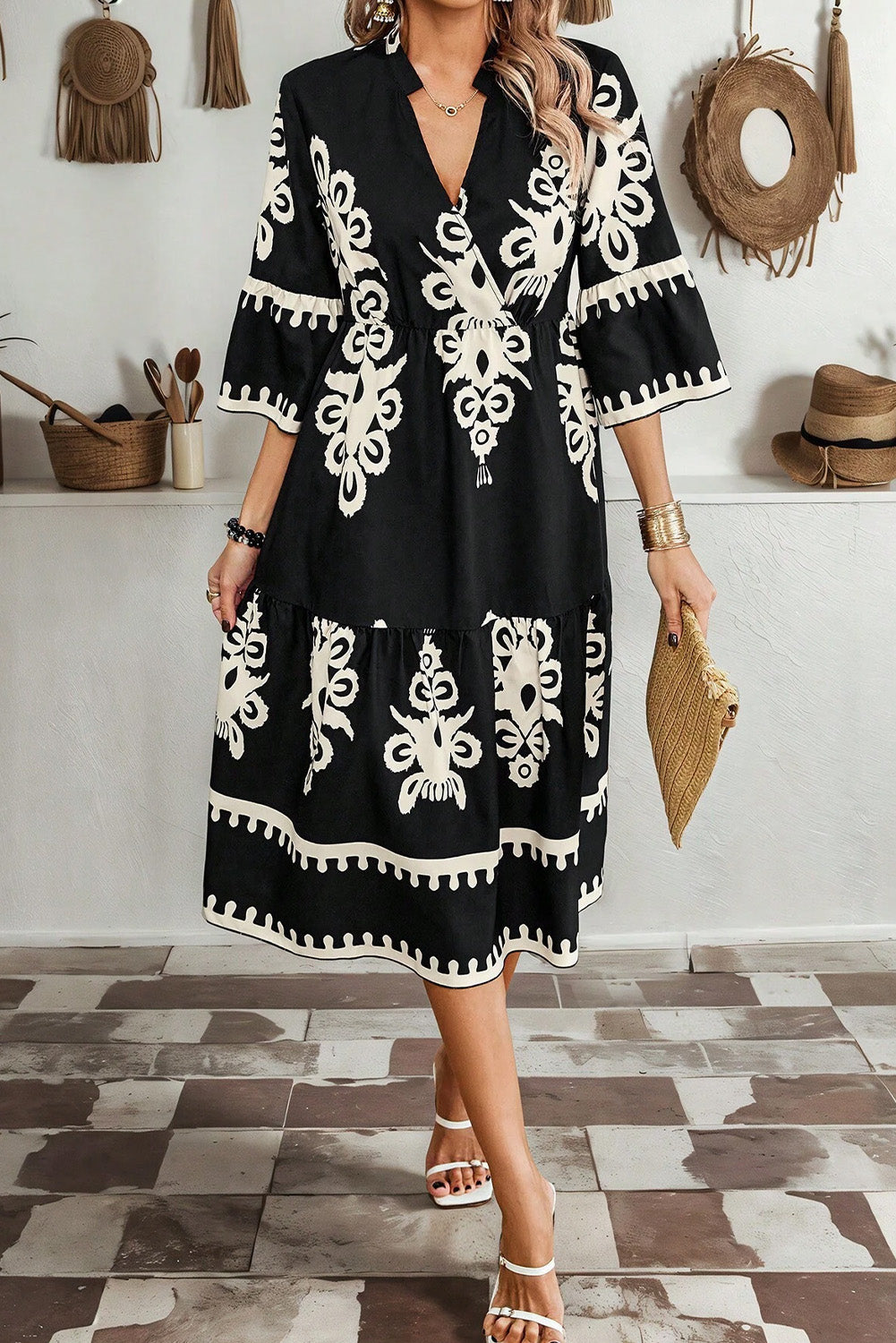 Beige Ethnic Geometric Print 3/4 Sleeve Loose Midi Dress