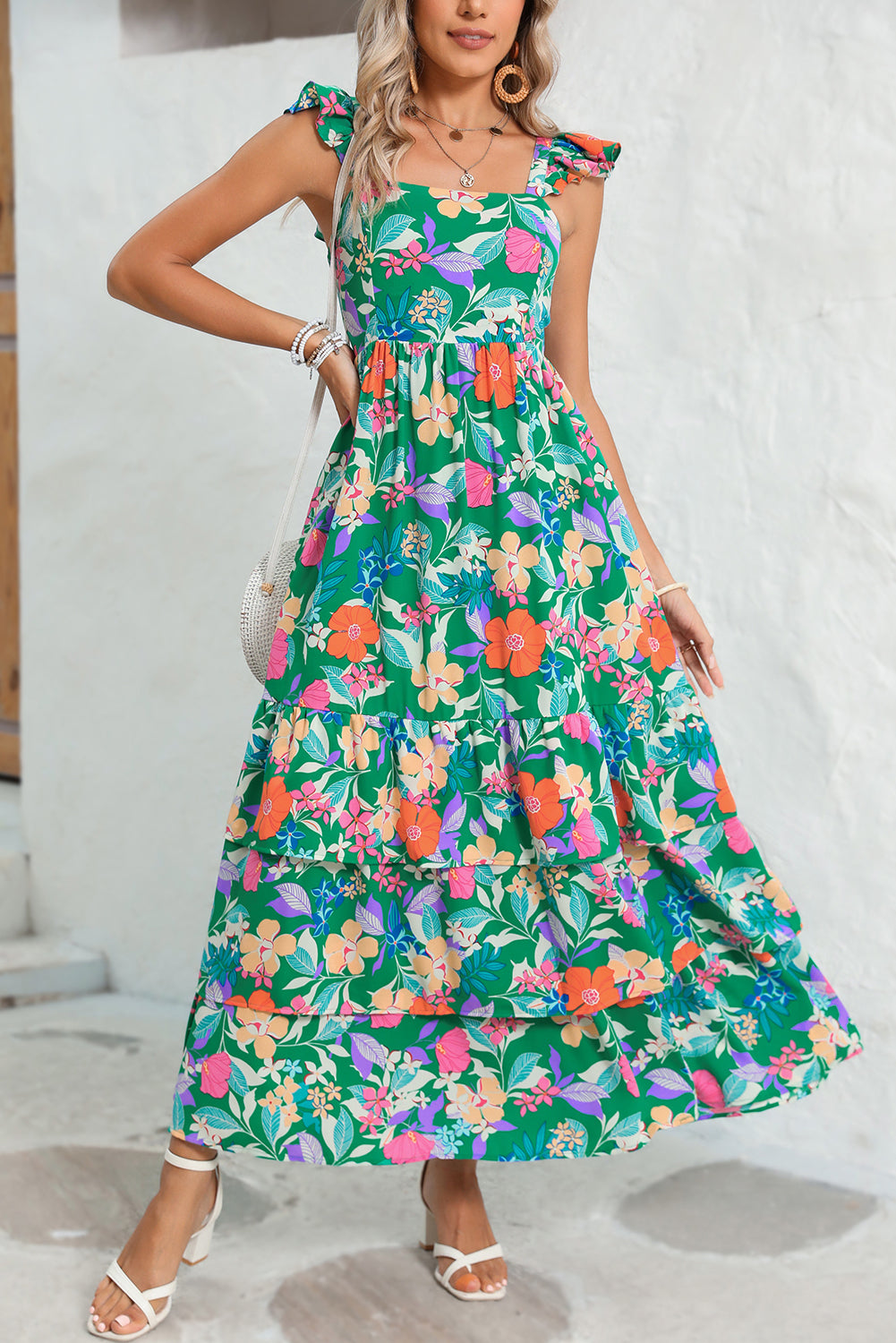 Green Boho Floral Print Ruffle Sleeveless Tiered Maxi Dress