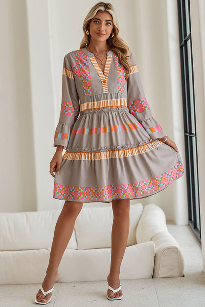 Black Ethnic Geometric Print Ruffle Mini Dress