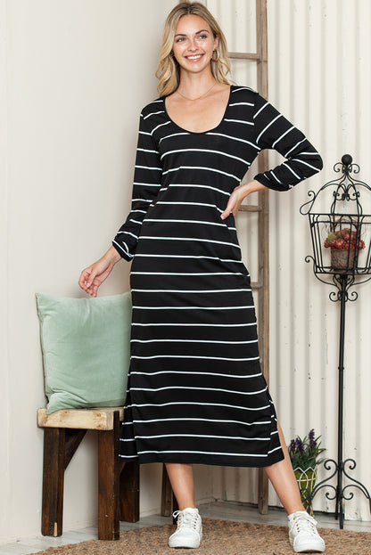 Black Striped Casual Slit High Waist Midi Dress