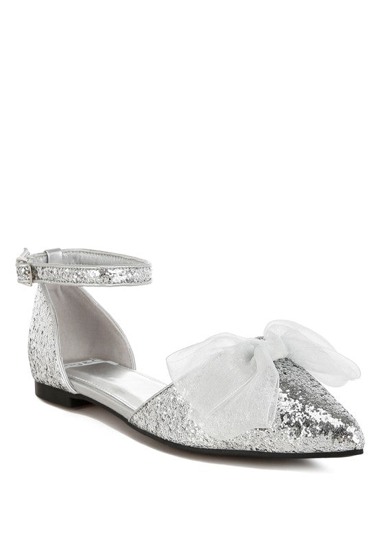 Clarice Sheer Bow Detail Glitter Flat Sandals