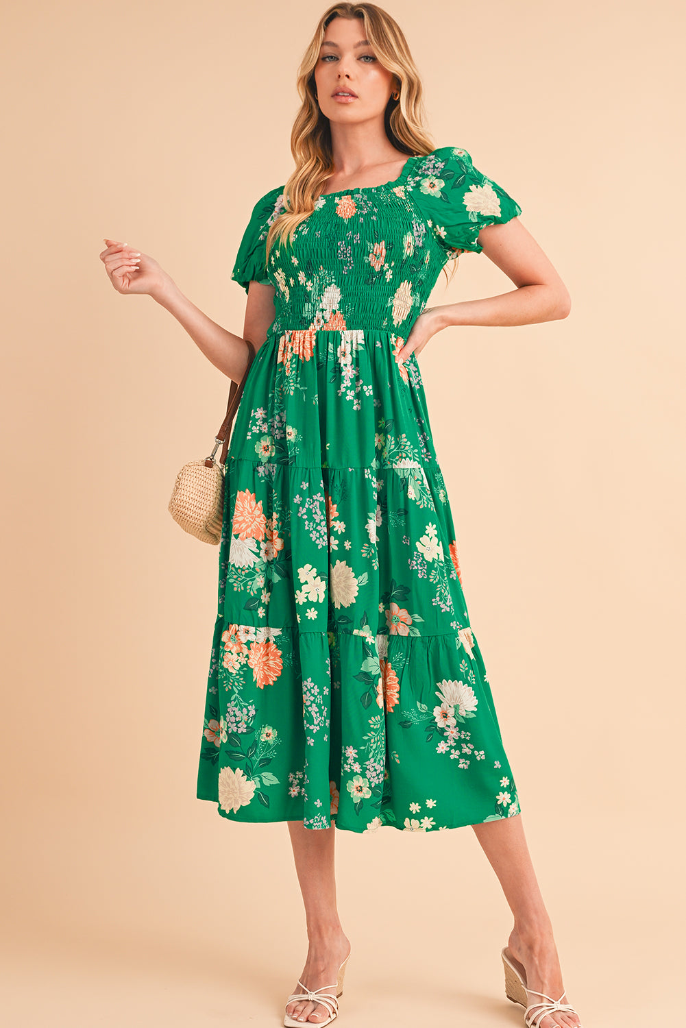 Green Floral Print Bubble Sleeve Smocked Tiered Midi Dress