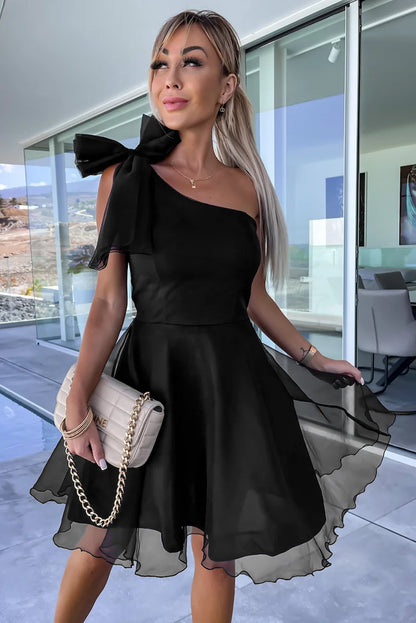 Black Bowtie One Shoulder Tulle Overlay Skater Dress