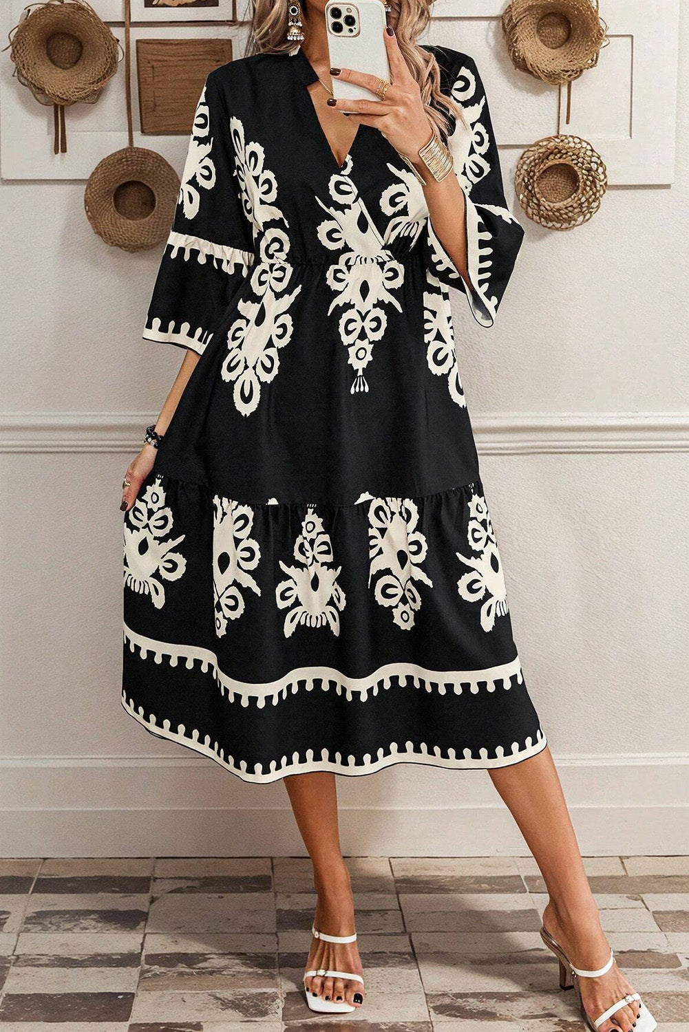 Beige Ethnic Geometric Print 3/4 Sleeve Loose Midi Dress